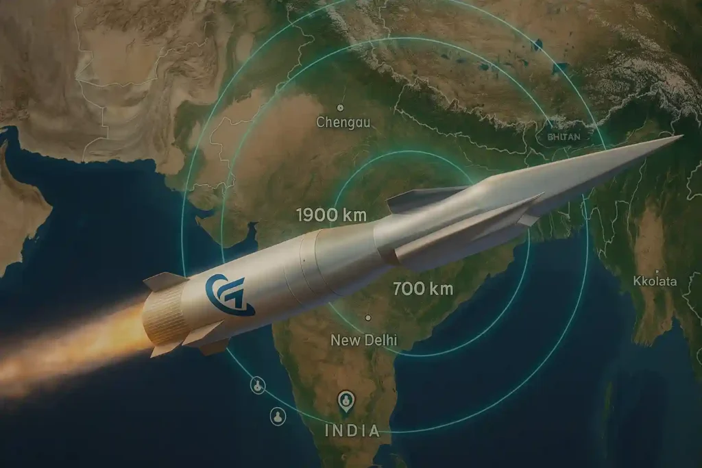 India-focused satellite map showing Shaurya missile strike coverage from 700 km to 1,900 km. Strategic targets within range overlay. Created by DefenceNewsIndia.in.