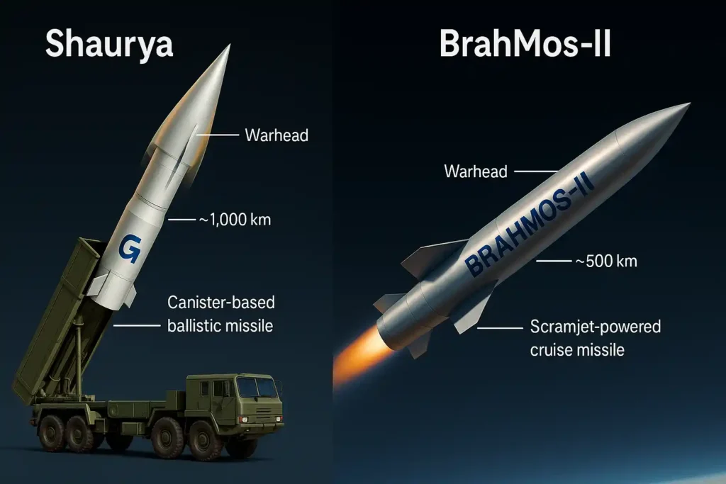 Visual comparison of India’s Shaurya hypersonic missile and BrahMos-II cruise missile showing range, warhead type, speed, and deployment platforms. DefenceNewsIndia.in infographic.