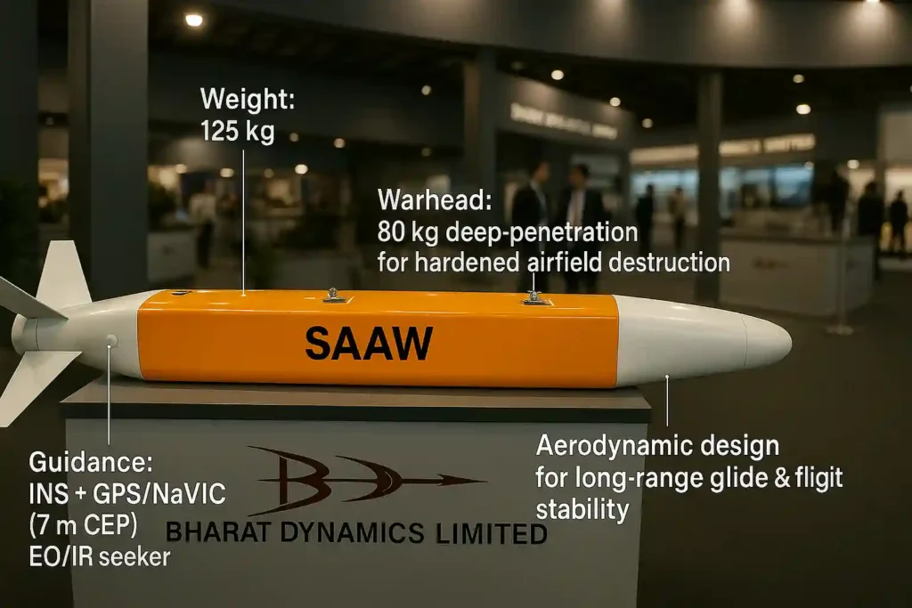 Smart Anti-Airfield Weapon (SAAW) displayed at Bharat Dynamics Limited booth with clear aligned annotations showing weight, warhead, guidance, and aerodynamic design.