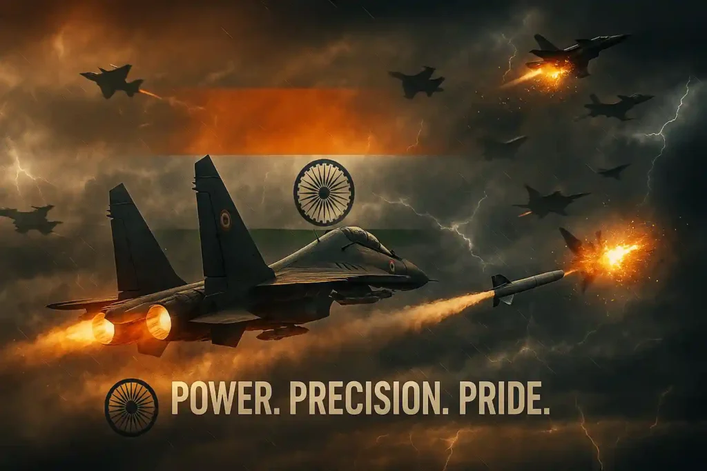 Indian Air Force Su-30MKI launches Astra Mk2 missile during intense air combat with enemy jets in stormy skies, featuring explosions, afterburners, lightning, and national flag — symbolizing air dominance and patriotic power.