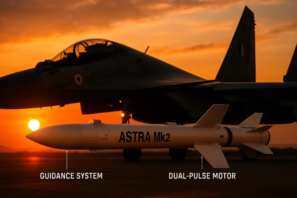 Su-30MKI fighter jet with Astra Mk2 missile at sunset, labeled guidance and motor components.