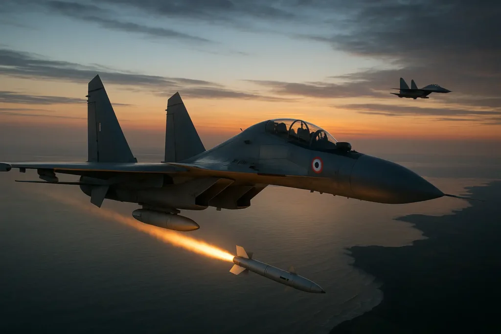 👉 Super Sukhoi Su-30MKI of Indian Air Force firing Astra Mk-2 missile over sea at dawn, Indian coastline in background, second Su-30MKI in formation, clear IAF roundel on wing, dramatic sunrise lighting.