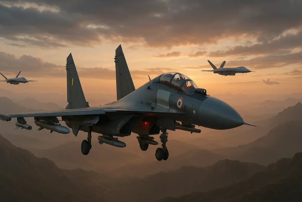 Indian Air Force Super Sukhoi Su-30MKI fighter jet in dynamic flight over mountains at dawn, with upgraded avionics, AESA radar, electronic warfare pods, and loyal wingman drones in formation under cinematic sunrise.