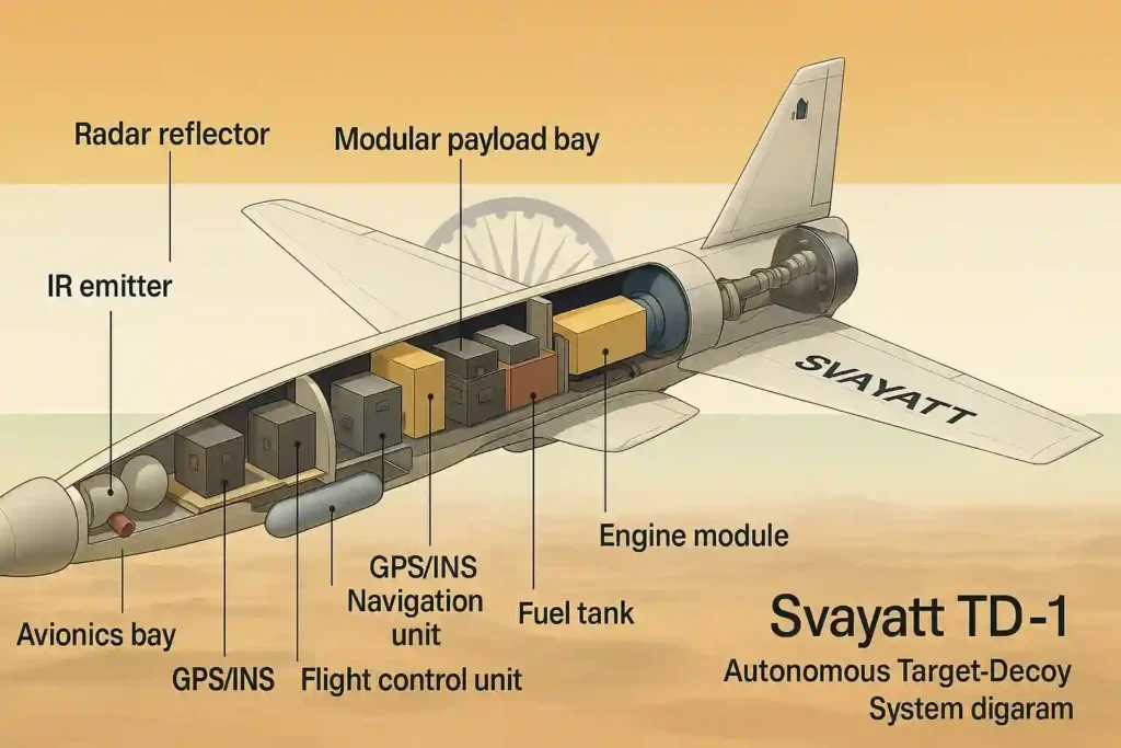 Svayatt TD-1 autonomous target-decoy drone flying over Indian desert with labeled components including radar reflector, IR emitter, ECM pod, and modular payload bay; Indian flag and DRDO insignia in background.