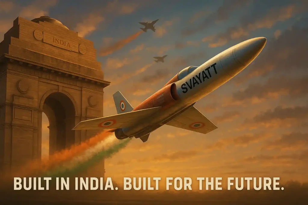 Svayatt TD-1 drone flying past India Gate at dusk with tricolour smoke, symbolising India’s defense innovation.