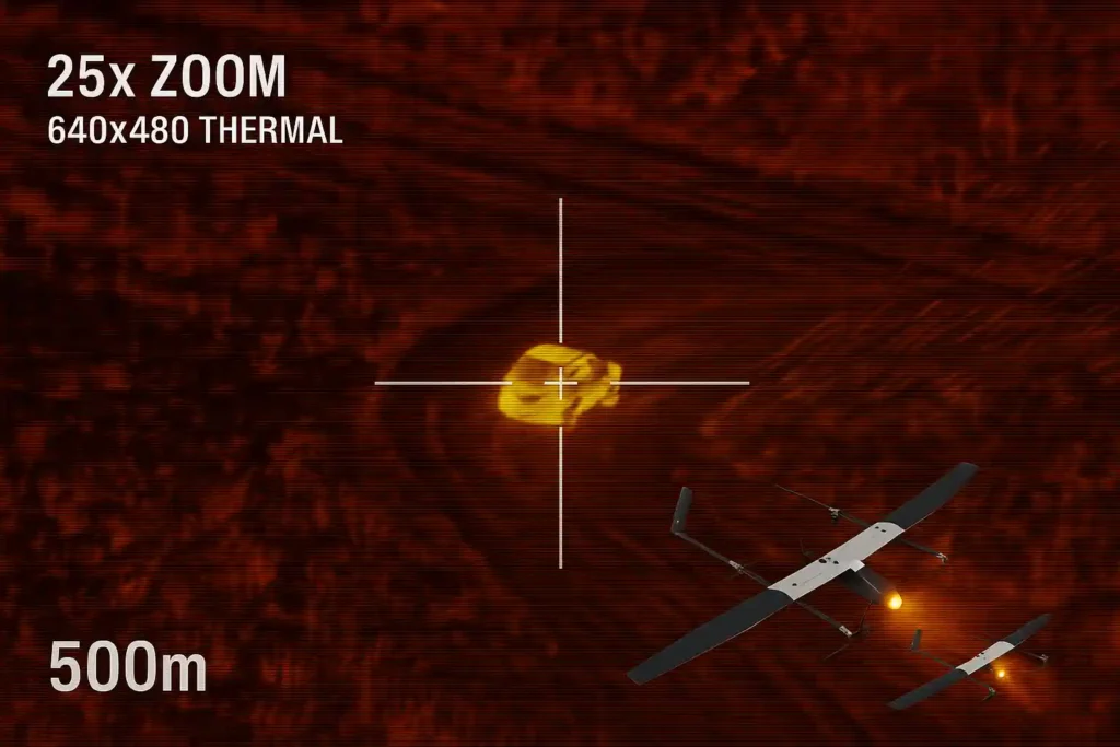 Thermal drone view of moving vehicle at 500 meters, captured by SWITCH UAV using 25x zoom and 640x480 resolution infrared camera, highlighting real-time reconnaissance and target tracking.