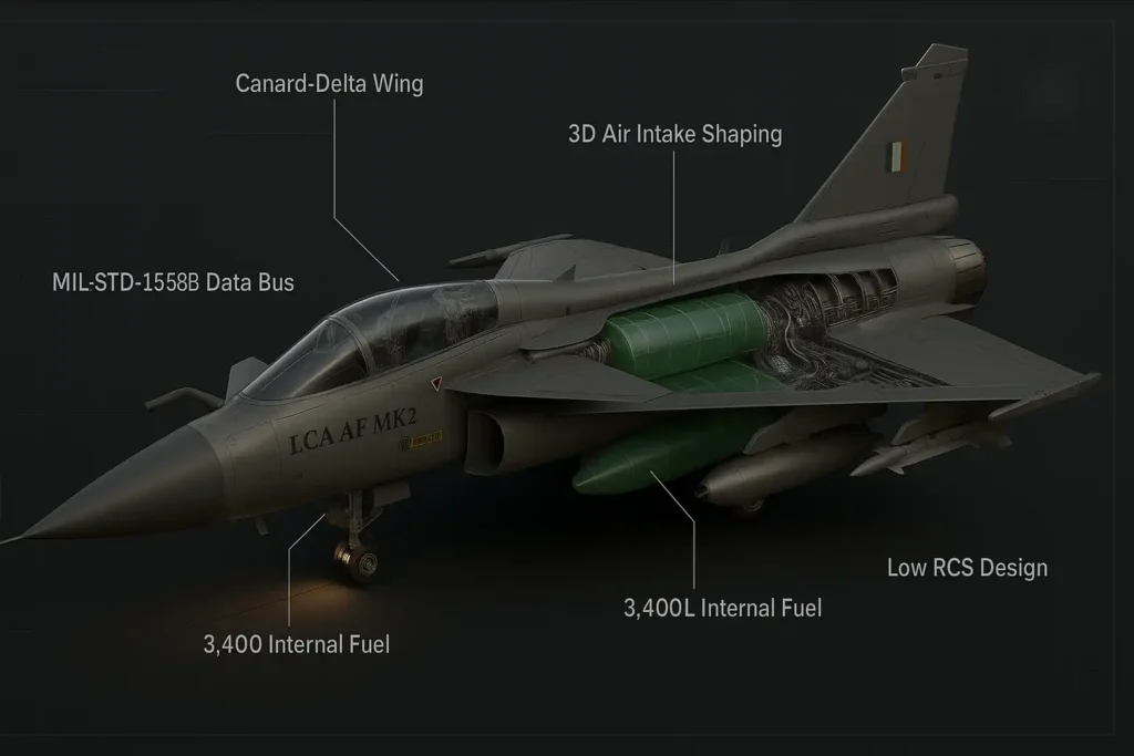 Cutaway of Tejas Mk2 fighter jet showing stealth shaping, digital flight controls, and aerodynamic features like canards and 3D air intake.