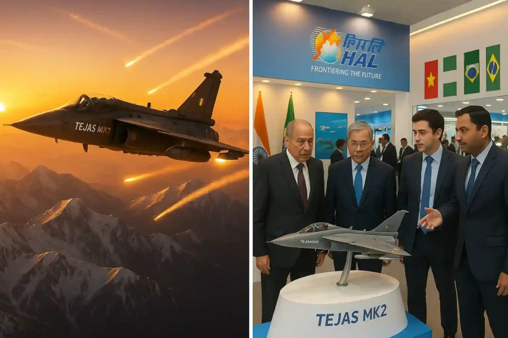 Tejas Mk2 showcased at international defence expo with global delegates and export banners visible.