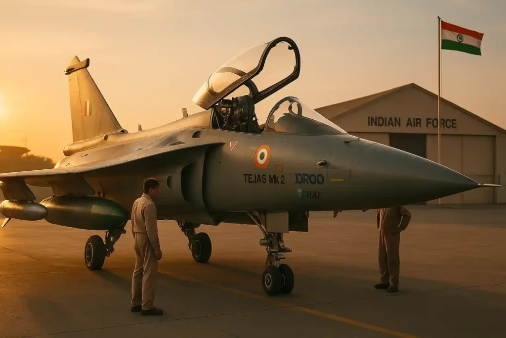 Side view of Tejas Mk2 prototype parked on tarmac during inspection, showing redesigned airframe and HAL-DRDO markings.