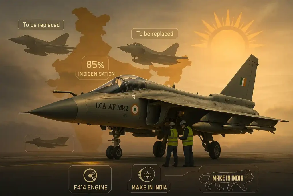 Conceptual render of Tejas Mk2 replacing older IAF jets like MiG-29 and Mirage-2000, highlighting indigenisation and strategic value.