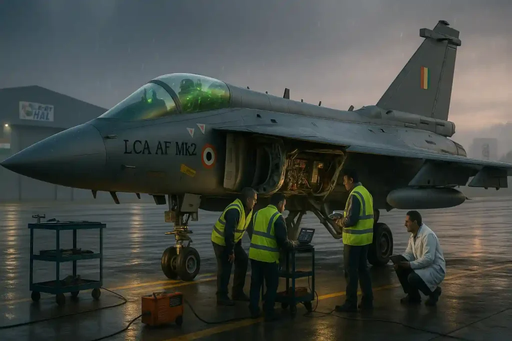 Tejas Mk2 prototype during rollout at HAL runway, with engineers performing ground checks before engine testing and taxi trials.