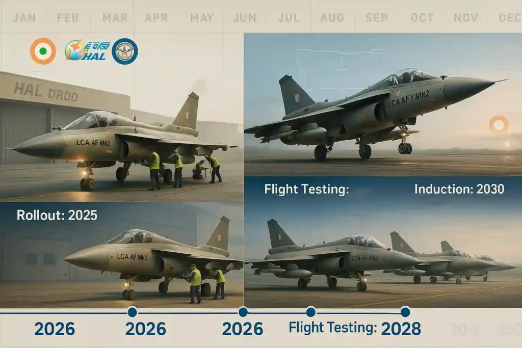 Timeline showing Tejas Mk2 development milestones from rollout in 2025 to full IAF induction in 2030 with flight testing and production phases.