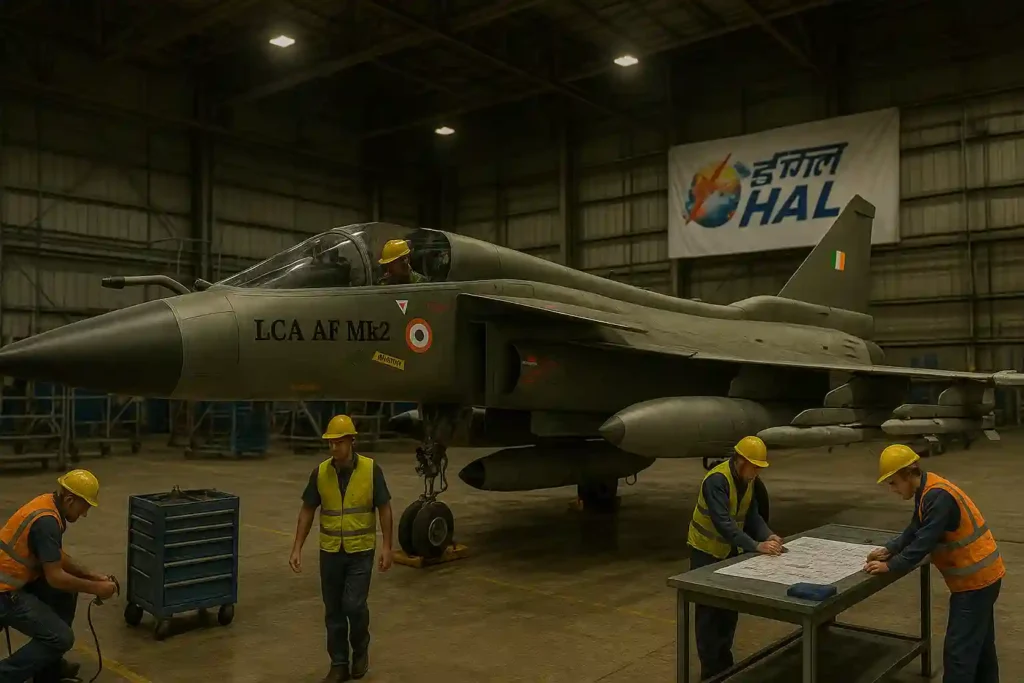 Tejas Mk2 prototype under assembly at HAL with cockpit and fuselage modules being installed by engineers.