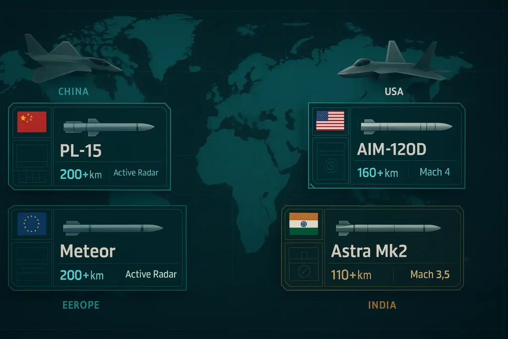 Infographic world map comparing air-to-air missiles PL-15, AIM-120D, Meteor, and Astra Mk2 with combat aircraft silhouettes, national flags, and specs like range, guidance, and speed for China, USA, Europe, and India.