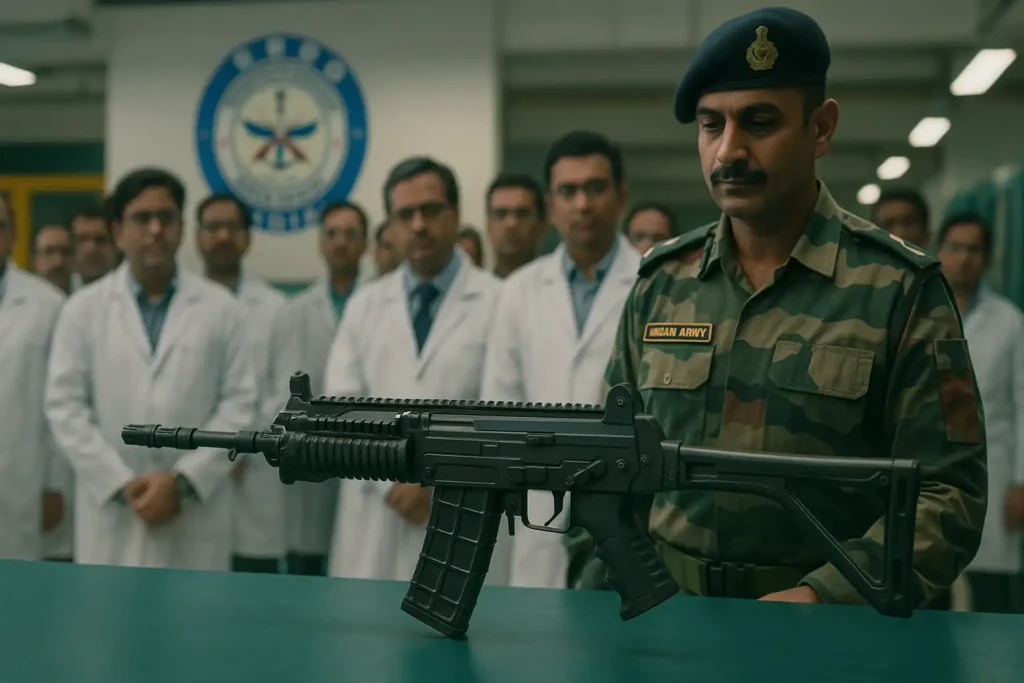 👉 DRDO lab showcasing CQB Carbine rifle with Bharat Forge engineers, Indian Army officials, and scientists inspecting the compact weapon