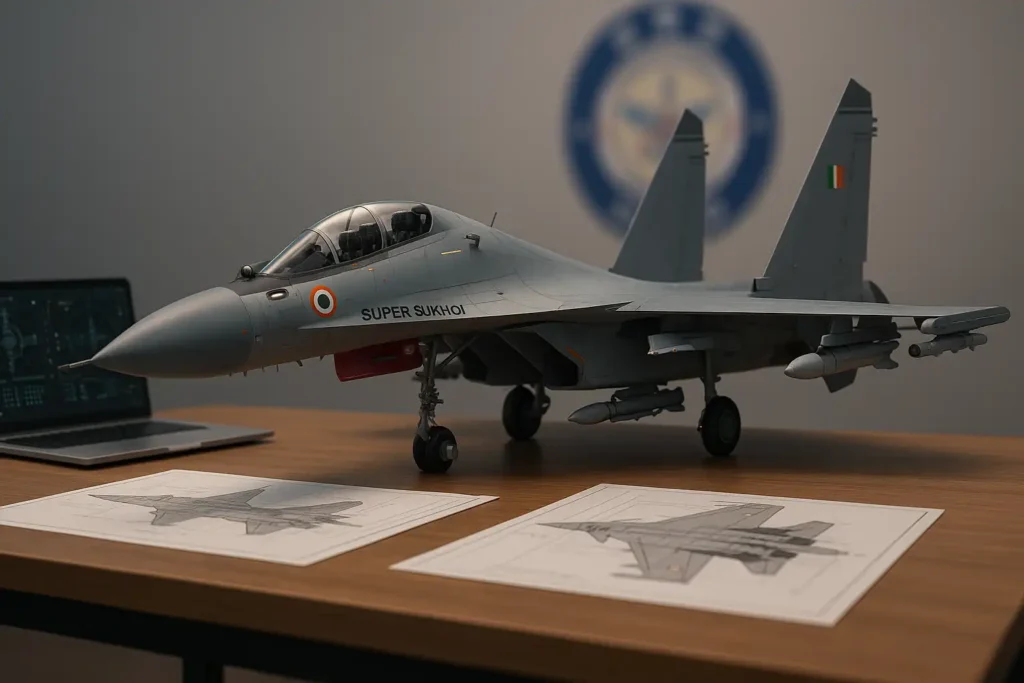 👉 Scale model of Super Sukhoi Su-30MKI on wooden table with blueprints, laptop showing avionics diagram, DRDO logo on wall, professional studio lighting