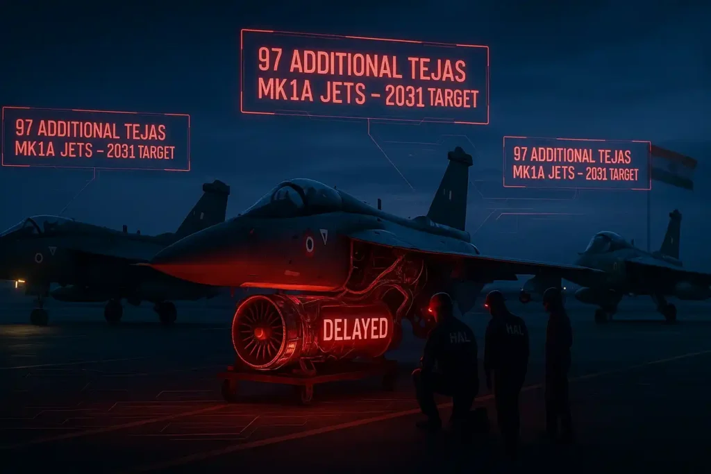Dramatic twilight scene of three HAL Tejas Mk1A jets on an airbase, with red HUD overlays reading “97 Additional Tejas Mk1A Jets – 2031 Target.” One jet is partially disassembled showing a GE F404 engine labeled “Delayed,” as HAL engineers inspect it under red headlamps. Indian Air Force insignia and a tech-themed atmosphere reflect urgency and professionalism.