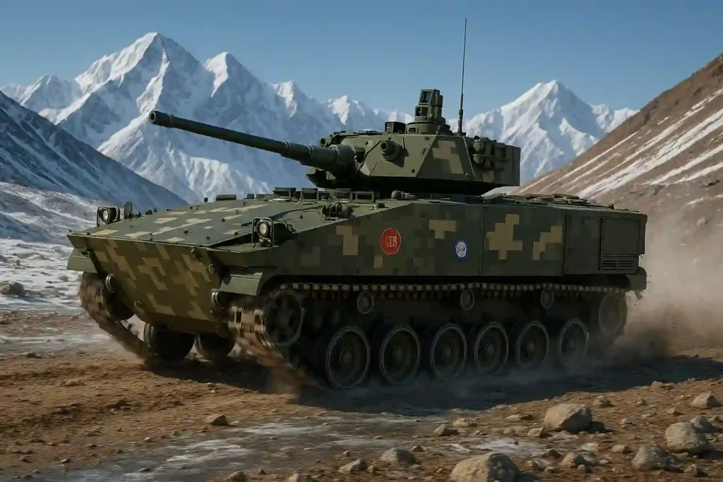 Indian Infantry Combat Vehicle powered by indigenous 800 hp engine with automatic transmission navigating high-altitude terrain.