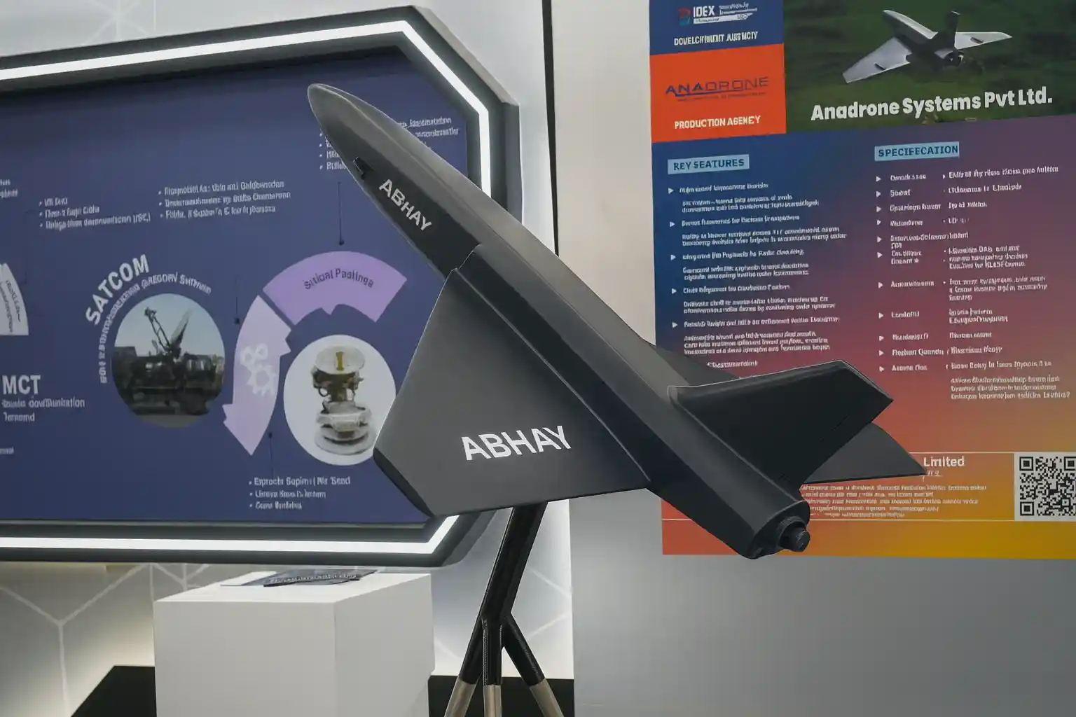 abhay-uav-india-anti-radar-drone-electronic-warfare. Abhay UAV on display at an Indian defence expo, unveiled by Anadrone Systems, showcasing anti-radar decoy design, swarm drone capabilities, and electronic warfare role for SEAD missions.