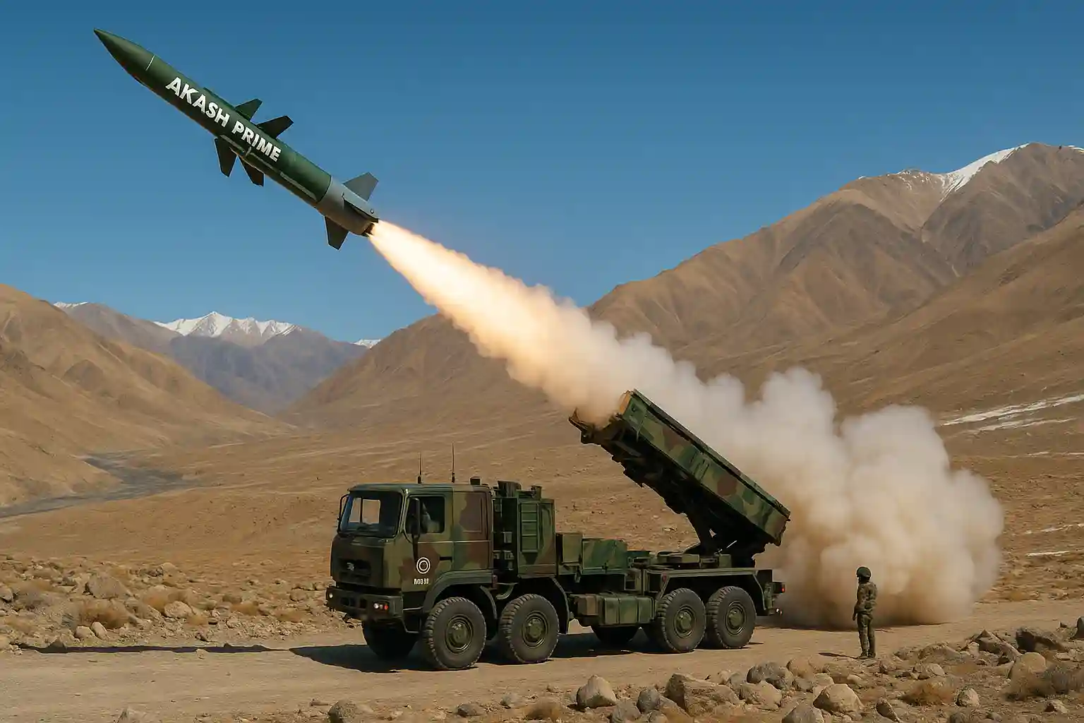 Akash-Prime Air Defence System test trials in Ladakh showing missile launch from mobile launcher with clear view of high-altitude terrain.