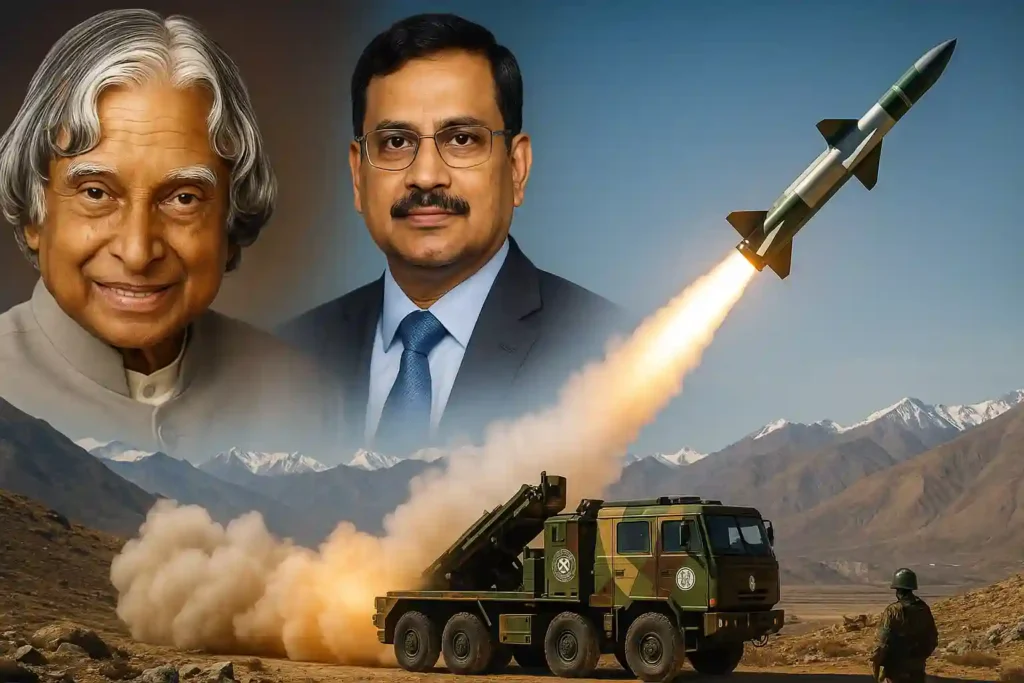 Akash-Prime missile launch in Ladakh with portraits of Dr. A.P.J. Abdul Kalam and Dr. Prahlada Ramarao, pioneers of India’s missile program, symbolizing national pride and indigenous defence innovation.
