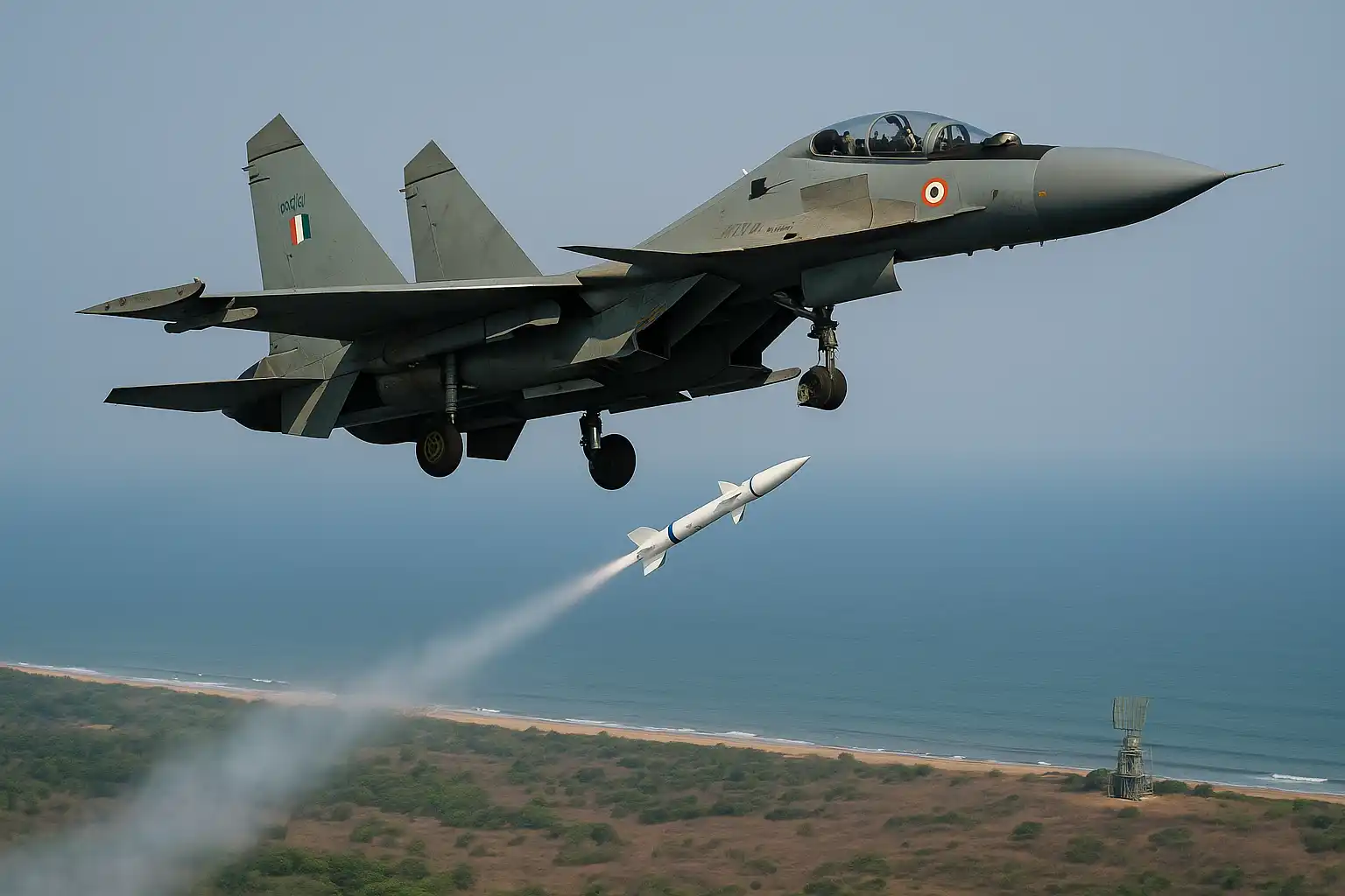 Astra BVRAAM indigenous RF seeker launched from Indian Air Force Su-30MKI during DRDO flight test in Odisha, July 2025.