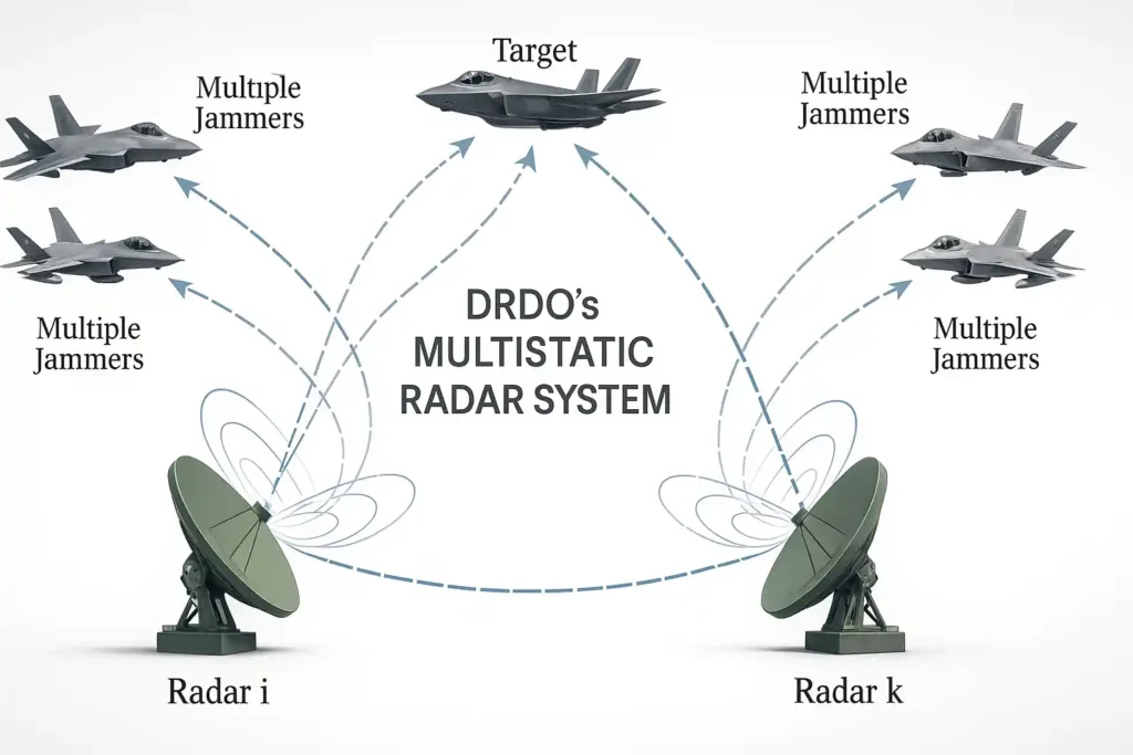 DRDO’s multistatic radar system tracking a fifth-generation fighter jet target with multiple jamming aircraft attempting to disrupt radar signals, realistic radar dishes and signal paths on a white cinematic background.