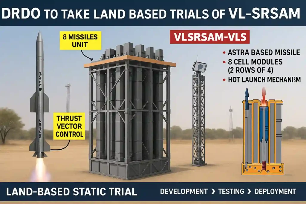 DRDO VL-SRSAM VLS launcher system static ground trial with Astra missile vertical launch diagram and specs.