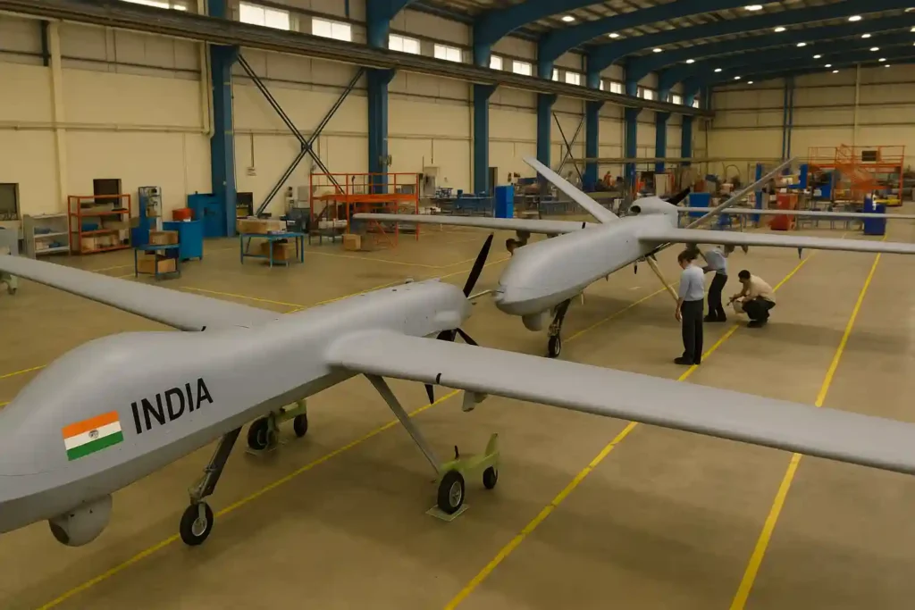 Two Indian MALE UAVs under assembly in a modern defence manufacturing facility with engineers working, representing dual production strategy approved.