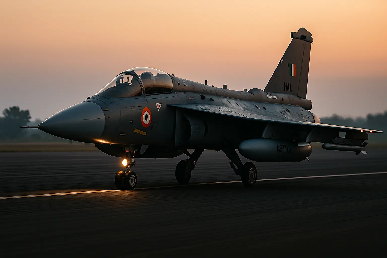 First Tejas Mk1A delivery fighter jet by HAL on runway at dawn, Astra missile visible, Indian Air Force markings, ready to deliver this month end 2025