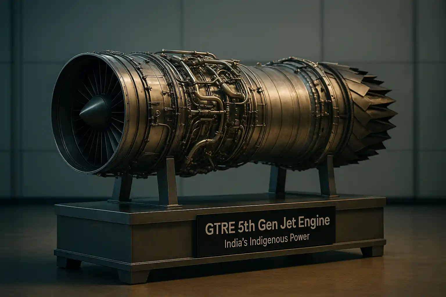 GTRE 5th gen jet engine showcased on display stand at DRDO facility, featuring advanced turbine blades, stealth nozzles, and cooling ducts, representing India’s indigenous aerospace power.