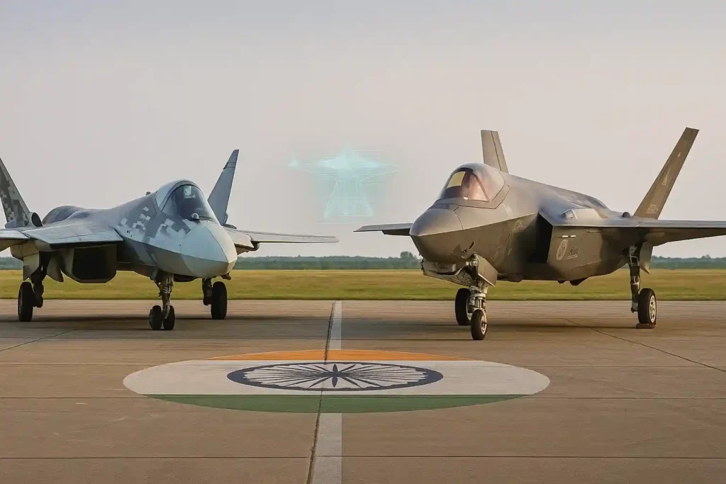 India to buy 5th gen fighter jet – realistic Su-57 vs F-35 comparison with IAF roundel and AMCA blueprint at defence crossroads