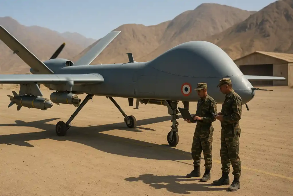 Indian weaponised MALE UAV with guided munitions at forward base with Army personnel, prepared for tactical border operations