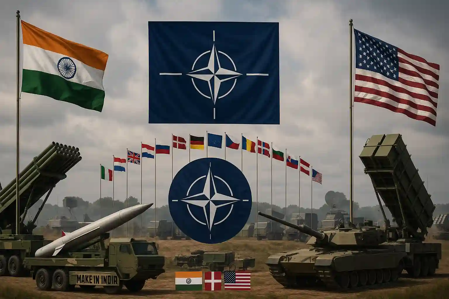 Indian weapons for NATO, showing Pinaka rocket launcher, cruise missile, radar system and NATO flags.