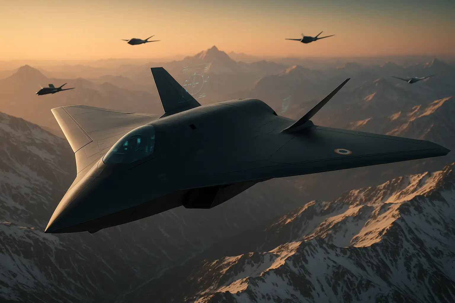 India’s 6th-generation fighter jet flying wing stealth design with drones over Himalayas in 2047