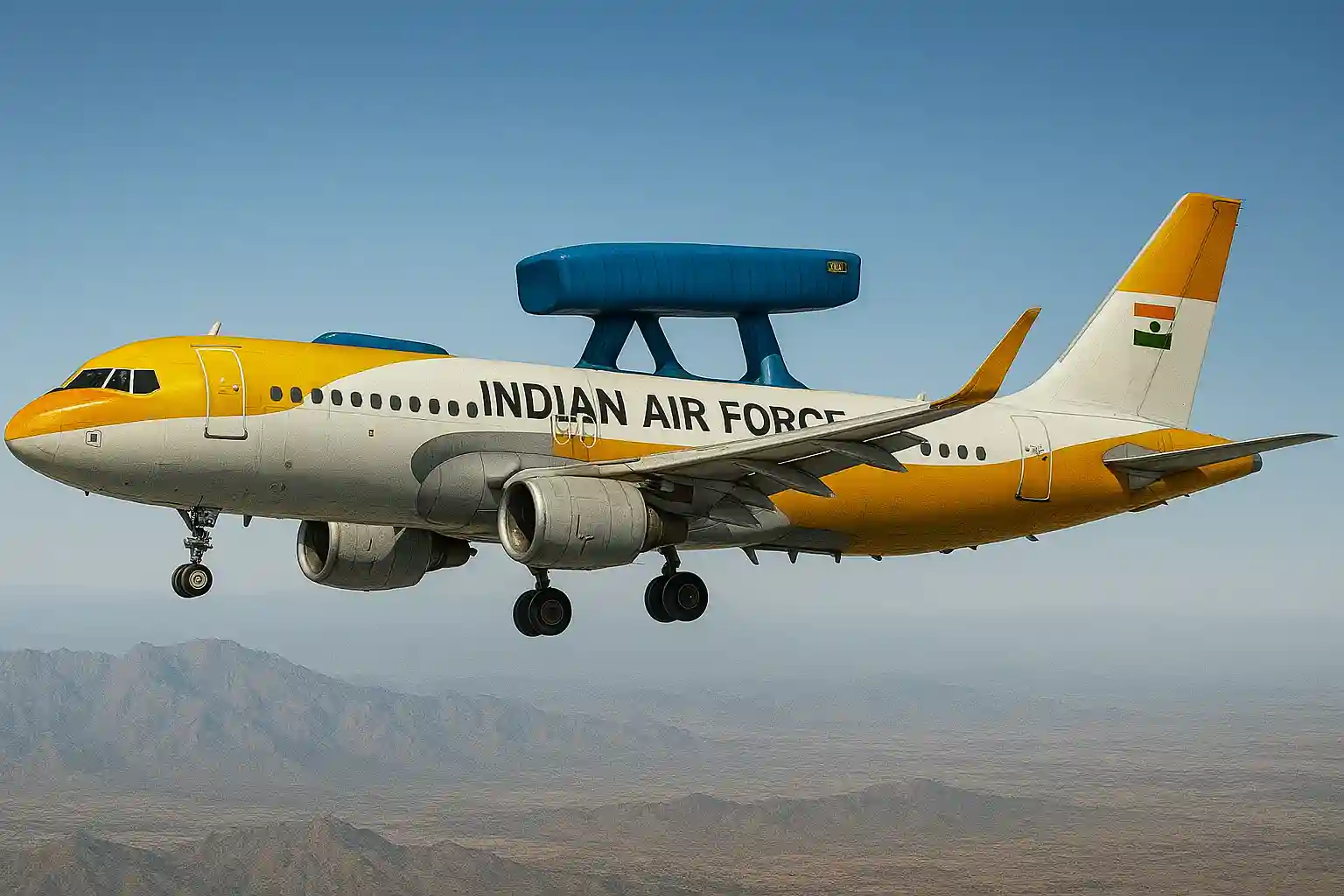 Netra MkII AWACS of Indian Air Force flying high, showcasing the advanced airborne surveillance system on Airbus A321 with radar dome under clear skies.