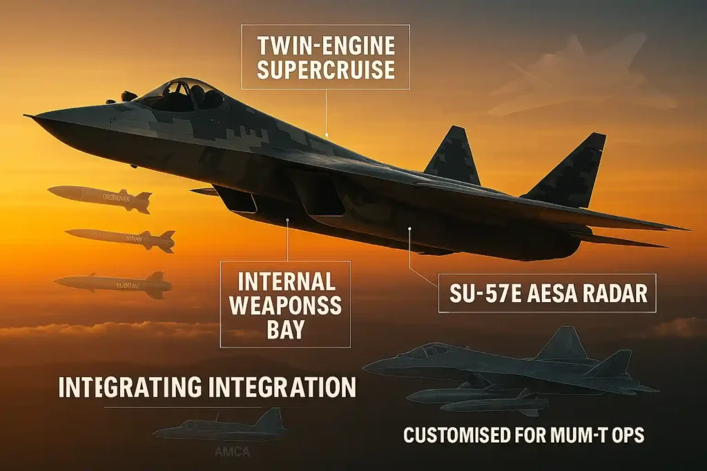 High-resolution image of Su-57E stealth fighter jet with Indian missile integration including BrahMos, Astra, and Rudram, featuring highlighted tech specs like twin-engine supercruise and AESA radar during golden hour over the Indian subcontinent