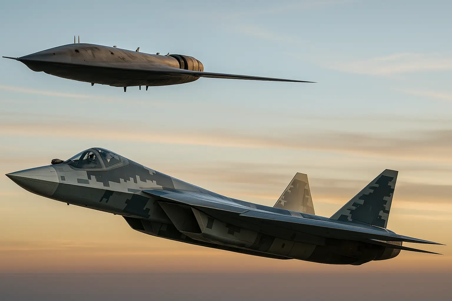 Su-57E and Okhotnik-B for India flying in formation during sunset, highlighting advanced fifth-generation fighter and stealth drone technology