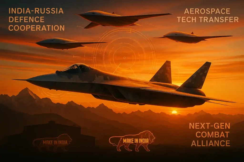 Su-57E fighter jet and three Okhotnik-B stealth drones flying over the Himalayas during a golden sunset, representing India-Russia defense partnership and next-gen aerospace collaboration