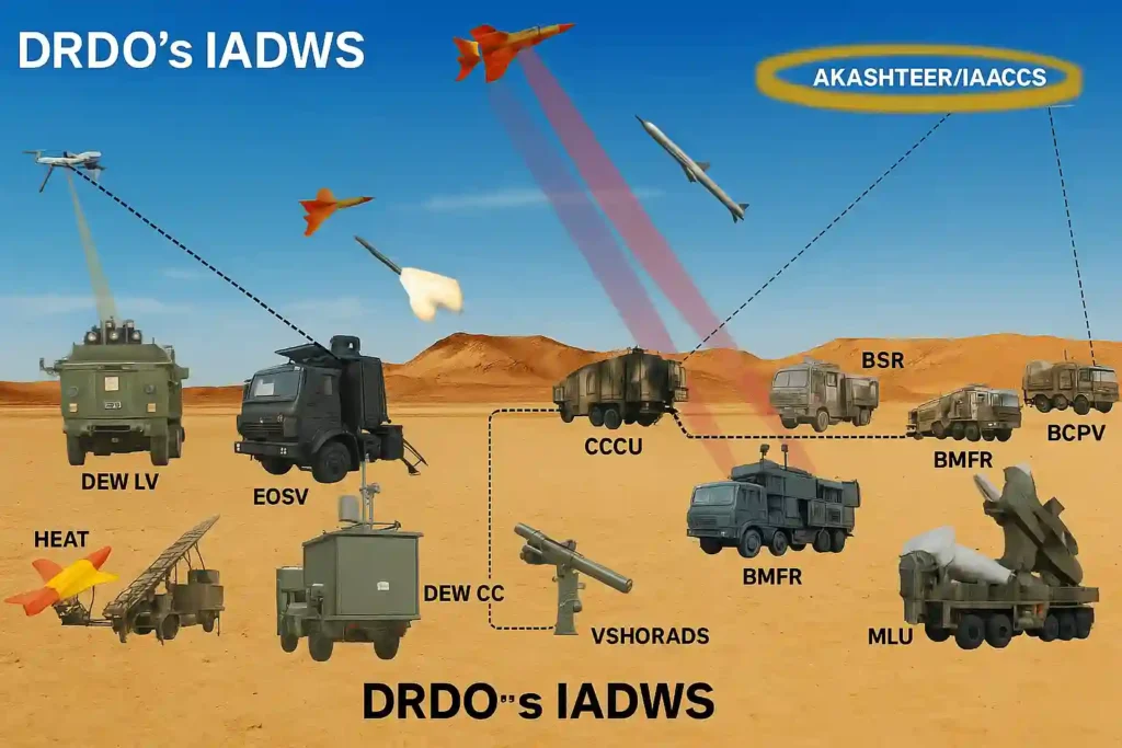 IADWS Integrated Air Defence Weapon System infographic 2025 showing QRSAM, VSHORADS, DEW LV, EOSV, Akashteer IAACS, and command network in desert trials