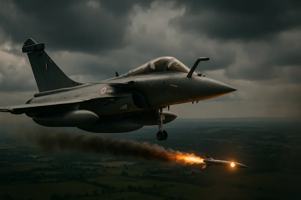 Indian Air Force Rafale fighter jet crossing the Line of Control during Operation Sindoor, targeting enemy missile in a cinematic battlefield scene.