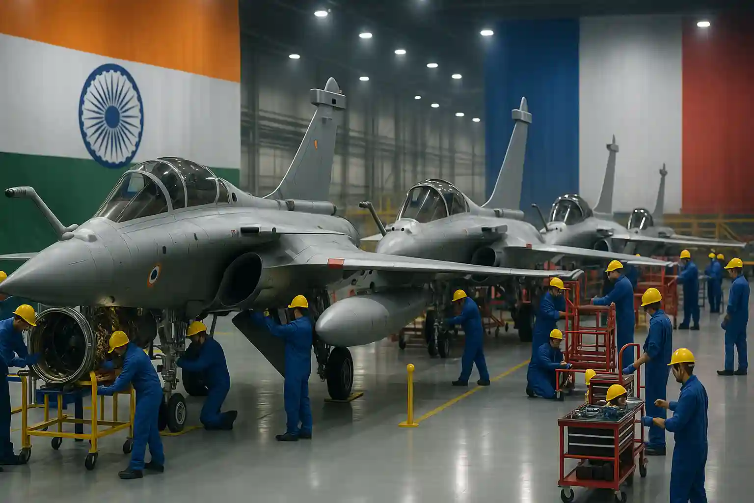 114-made-in-india-rafale-jets-assembly-make-in-india-factory-india-france-deal 114 Made in India Rafale Jets being assembled in Indian aerospace factory with workers, Make in India production, Dassault Tata partnership and India France deal.