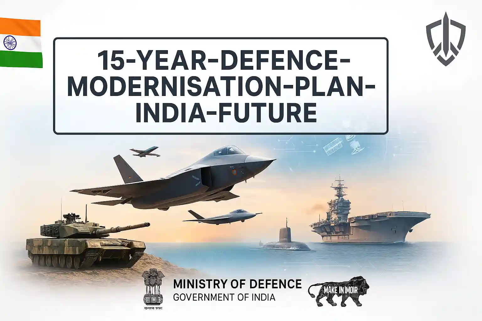 15-year-defence-modernisation-plan-india-2025-2040-feature 15-year defence modernisation plan for India 2025–2040 showing fighter jet, drone, tank, aircraft carrier, submarine, AI, cyber and space warfare with official defence press release style design