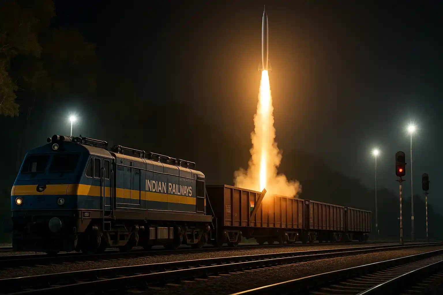 agni-prime-rail-launched-test-2025-indian-railways Agni Prime Rail Launched Test 2025 with Indian Railways freight train and glowing projectile launch at night