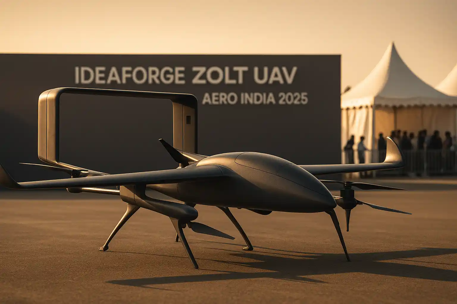 IdeaForge ZOLT UAV armed with Zeus Numerix weapons showcased at Aero India 2025 during Army trials, featuring 6-hour endurance and 10kg payload.