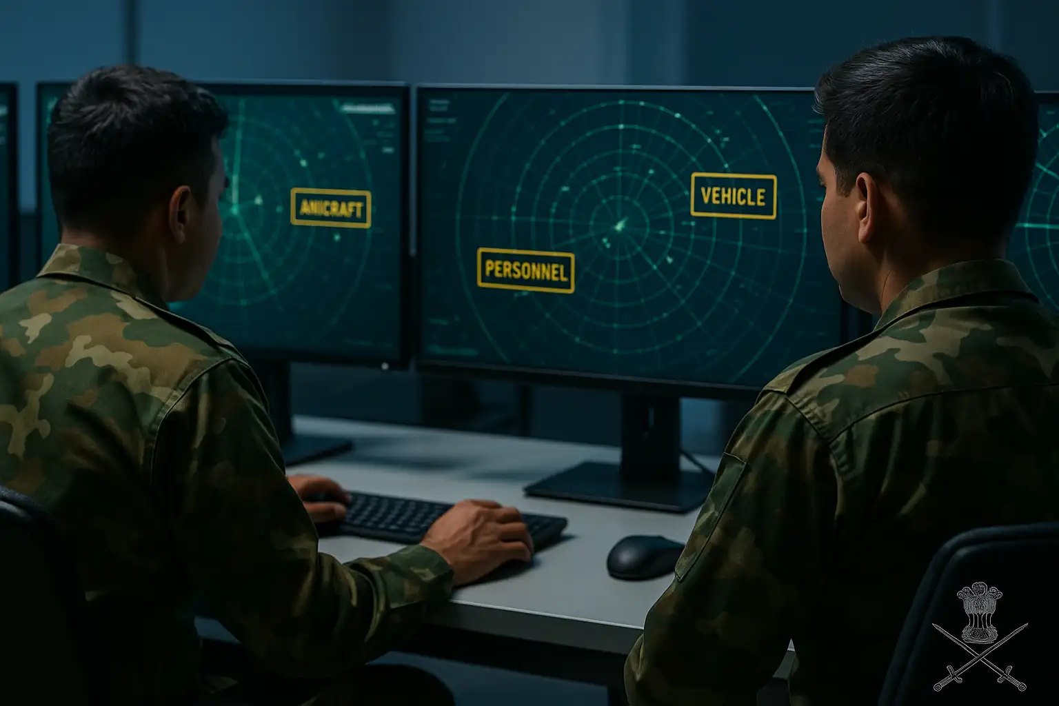 indian-army-ai-based-automatic-target-classifying-system-2025 Indian Army AI-based Automatic Target Classifying System radar operators monitoring aircraft, vehicles, and personnel on advanced radar screens in 2025.