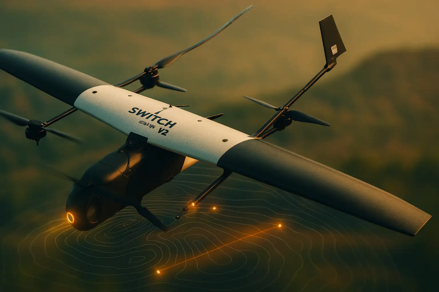 ideaForge SWITCH V2 UAV flying over hilly terrain with autonomous waypoint path and mapping upgrades, India’s next gen tactical drone 2025.