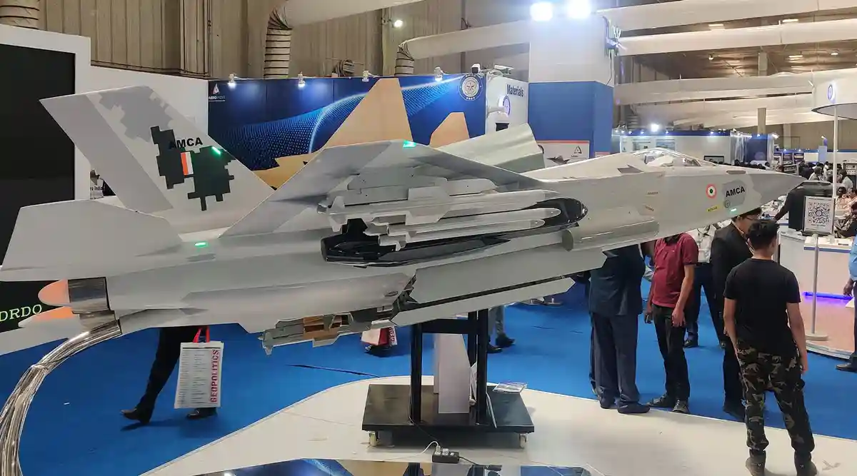 Detailed view of AMCA weapons bay door actuation system showing internal hydraulic mechanism and underbelly structure of the Indian stealth fighter jet