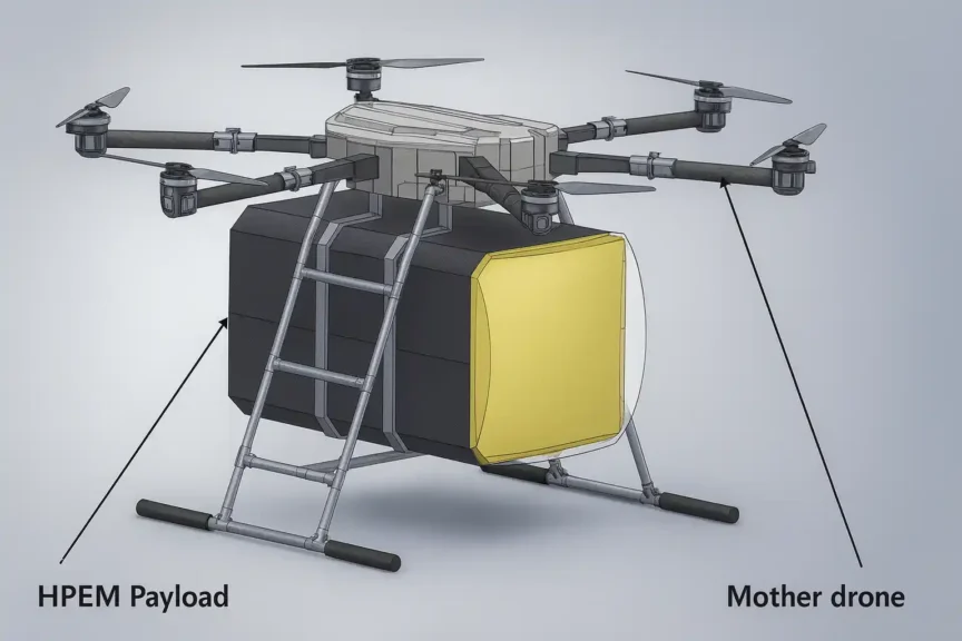 Drone-mounted HPEM payload for DRDO high power microwave weapon, India’s anti-drone system 2025 with directed energy technology