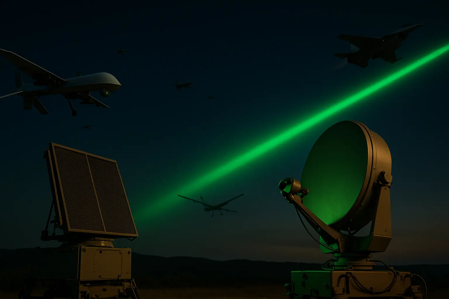 drdo-indigenous-photonic-and-quantum-radar-detects-stealth-jets-2025 India’s DRDO Indigenous Photonic and Quantum Radar tracking drones and stealth fighter jets at night with radar beams, showcasing anti-stealth detection technology 2025.